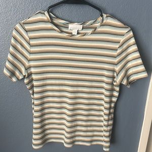 beige, white, green, blue, striped, Woman’s small, T shirt